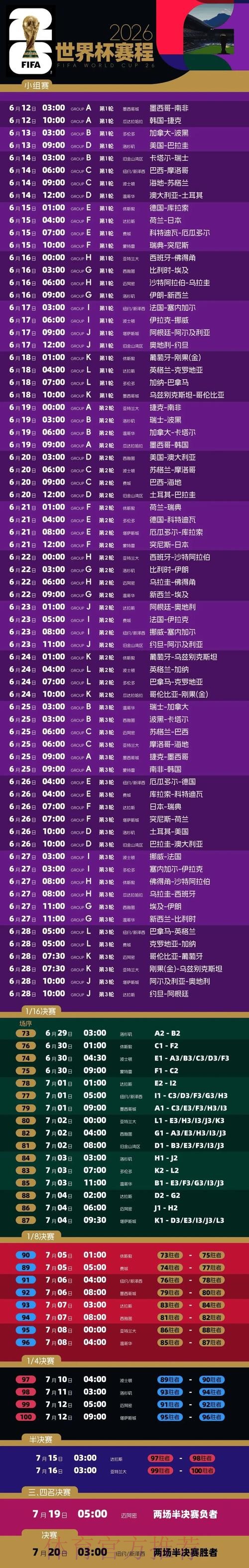 2026世界杯每日赛程一览实时赛程免费观看